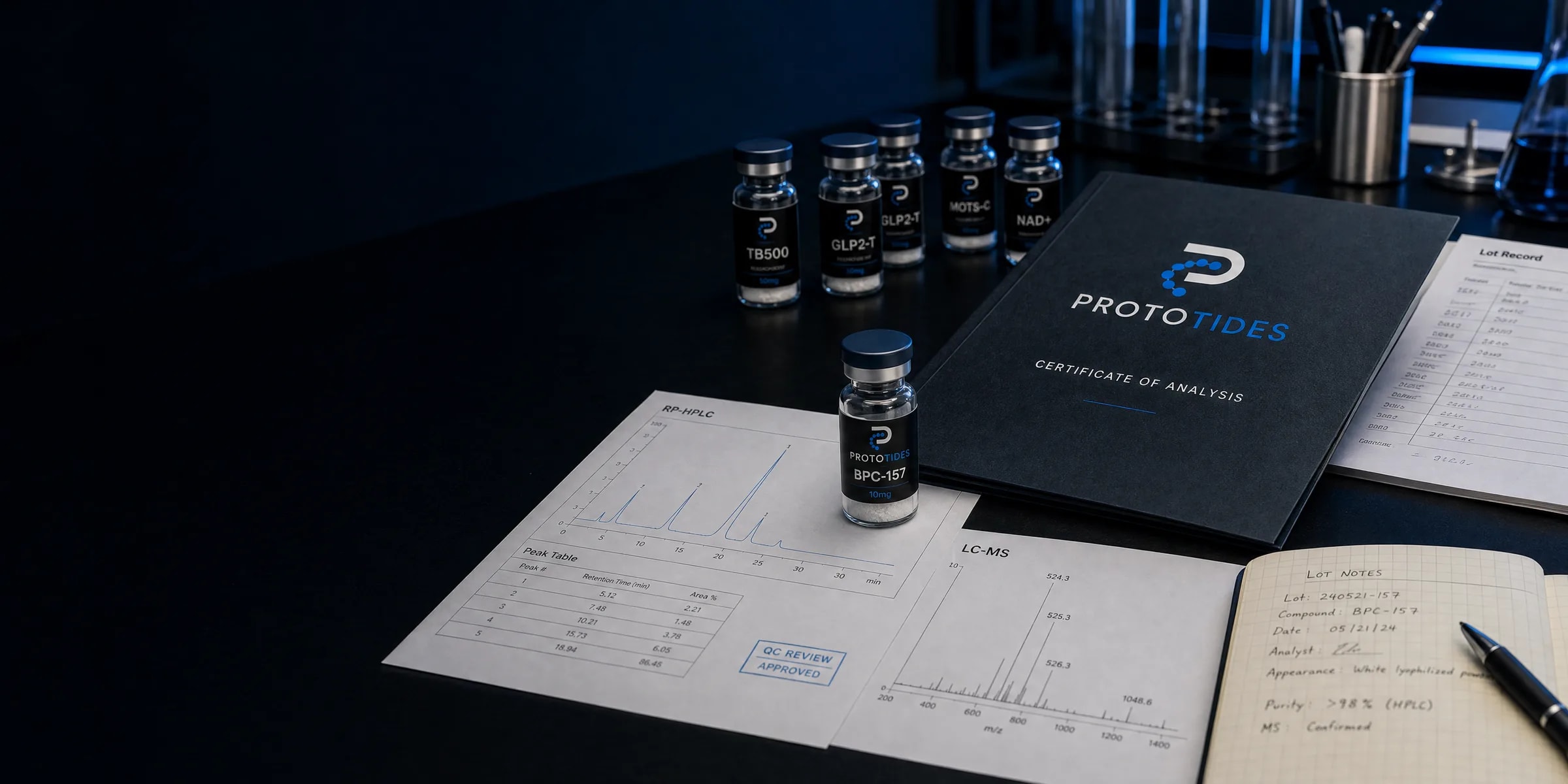 Prototides research vials beside a Certificate of Analysis, RP-HPLC and LC-MS reports, and lot notes on a laboratory bench.